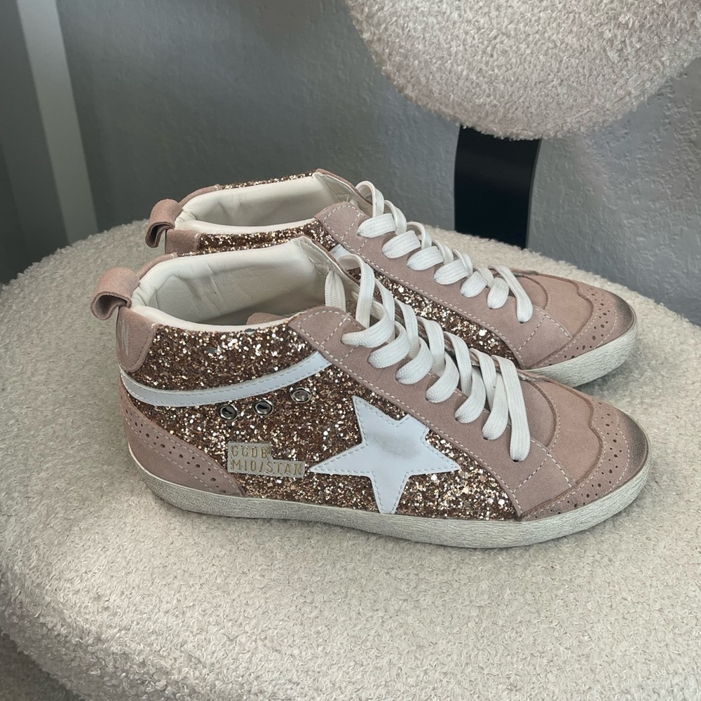 Golden Goose Mid Star Pink Rose Gold Glitter Sneakers